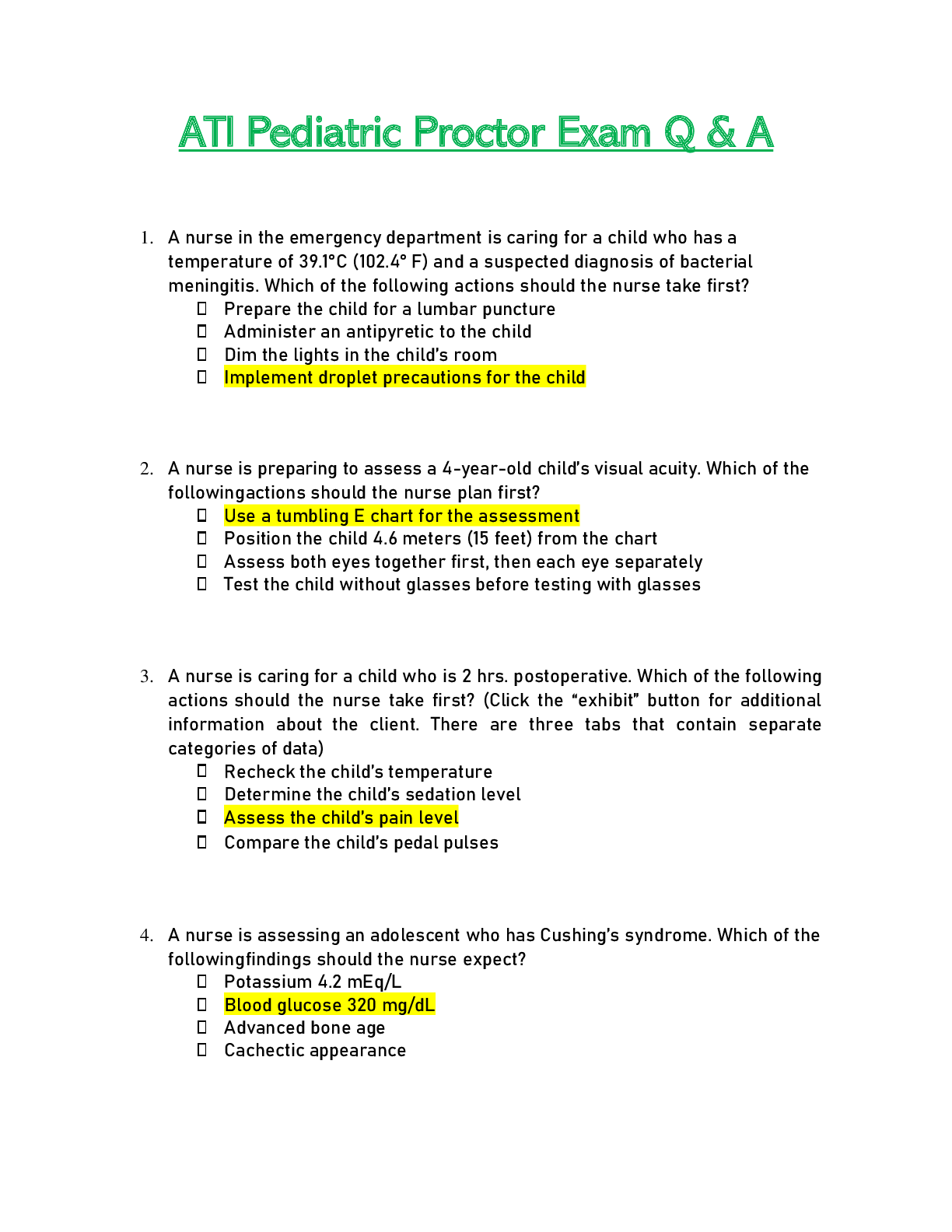 Preview of ATI Pediatric Proctor Exam Q & A 100% Correct